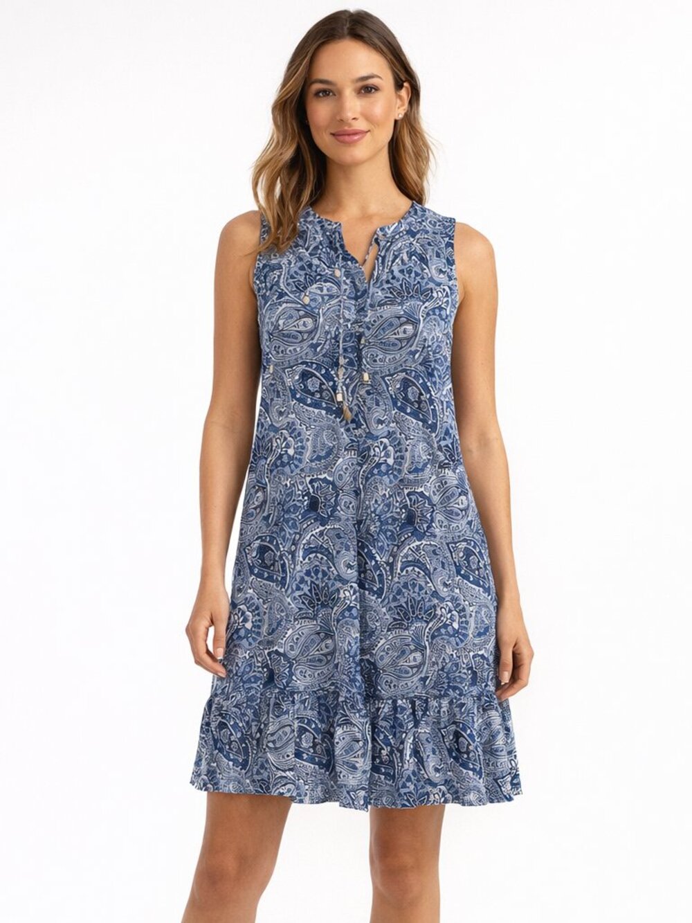 Michael Kors Blue Paisley Dress sz M Sleeveless v neck Ruffle Bottom